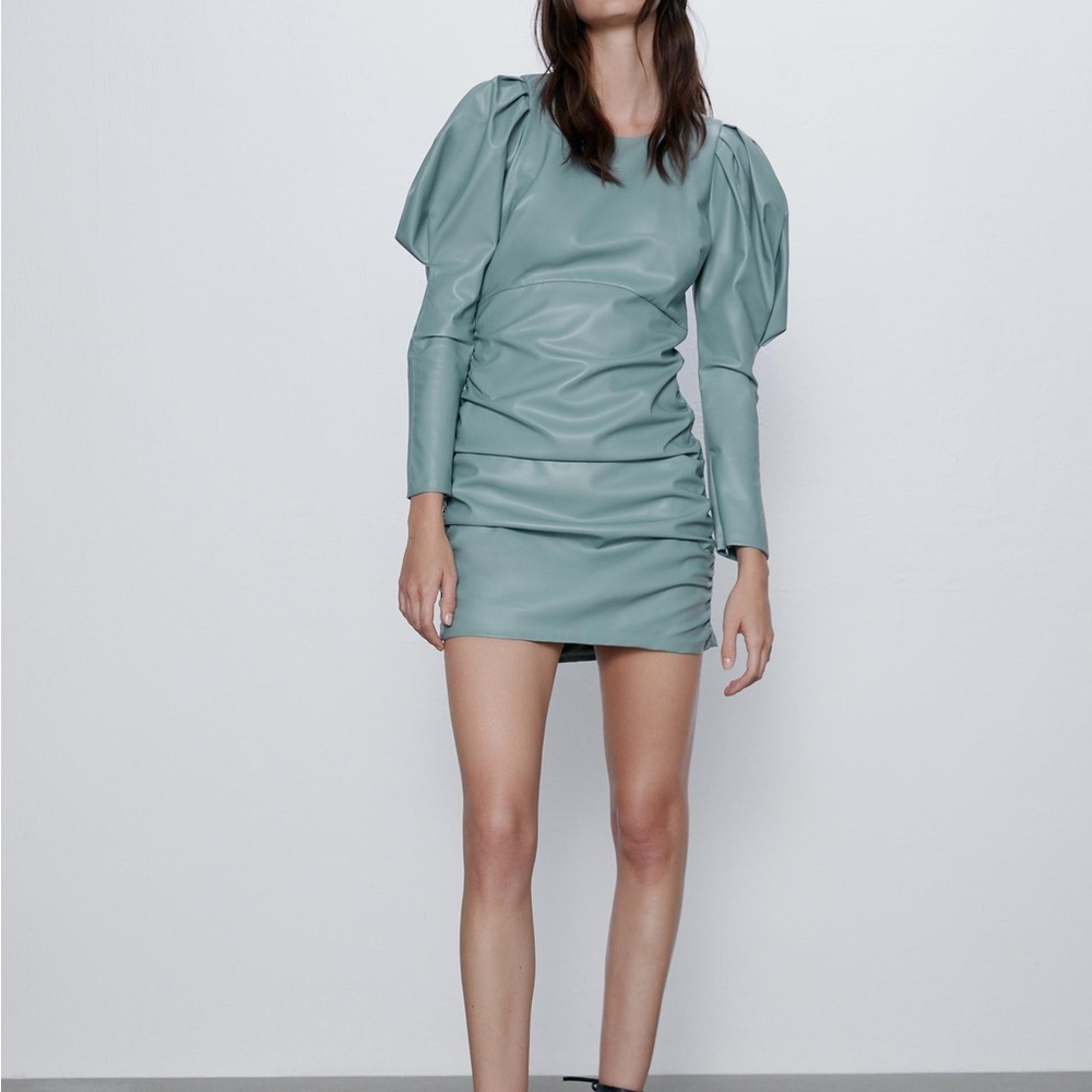 Zara Seafoam Green Faux Leather Puffed Sleeve Gathered Mini Dress Size S